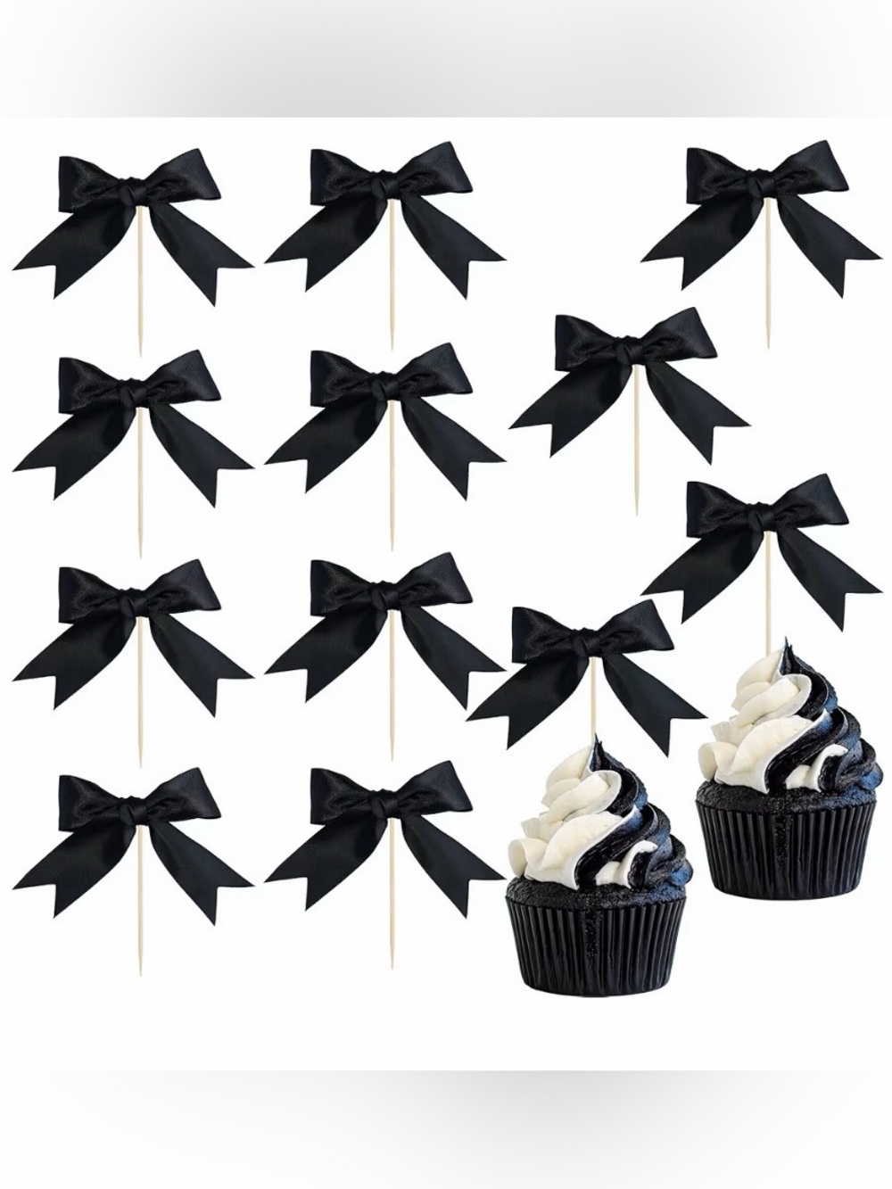 Black Bow Cupcake Toppers - Elegant Party Picks